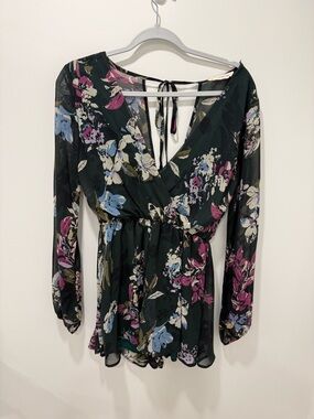 American Threads Dark Green Floral Long Sleeve Romper - Pink & Blue